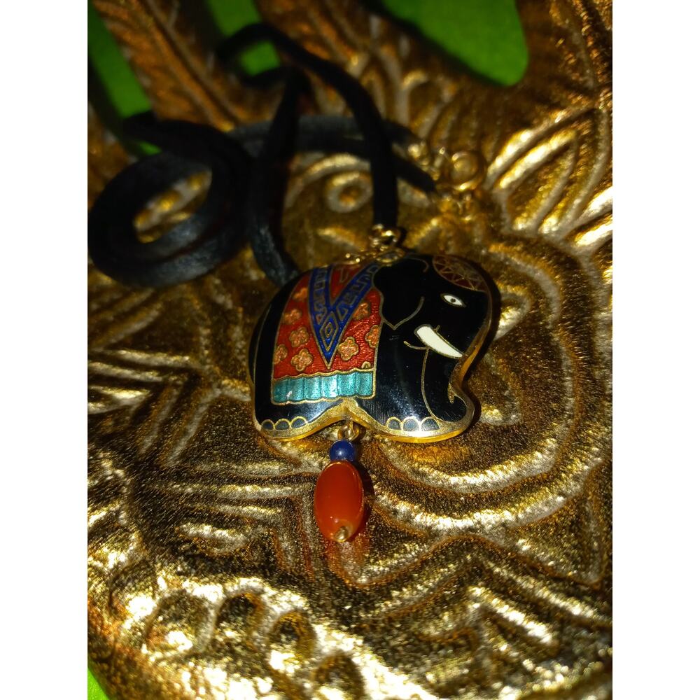 Vintage Black Rope Cloisonne Pendant Necklace Puffy Elephant Double Sided - Picture 3 of 5